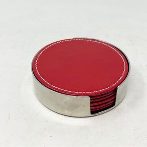 Vintage WAZIR CHANDA & CO Red Leather Coaster Set In Silver Holder Man Cave Bar